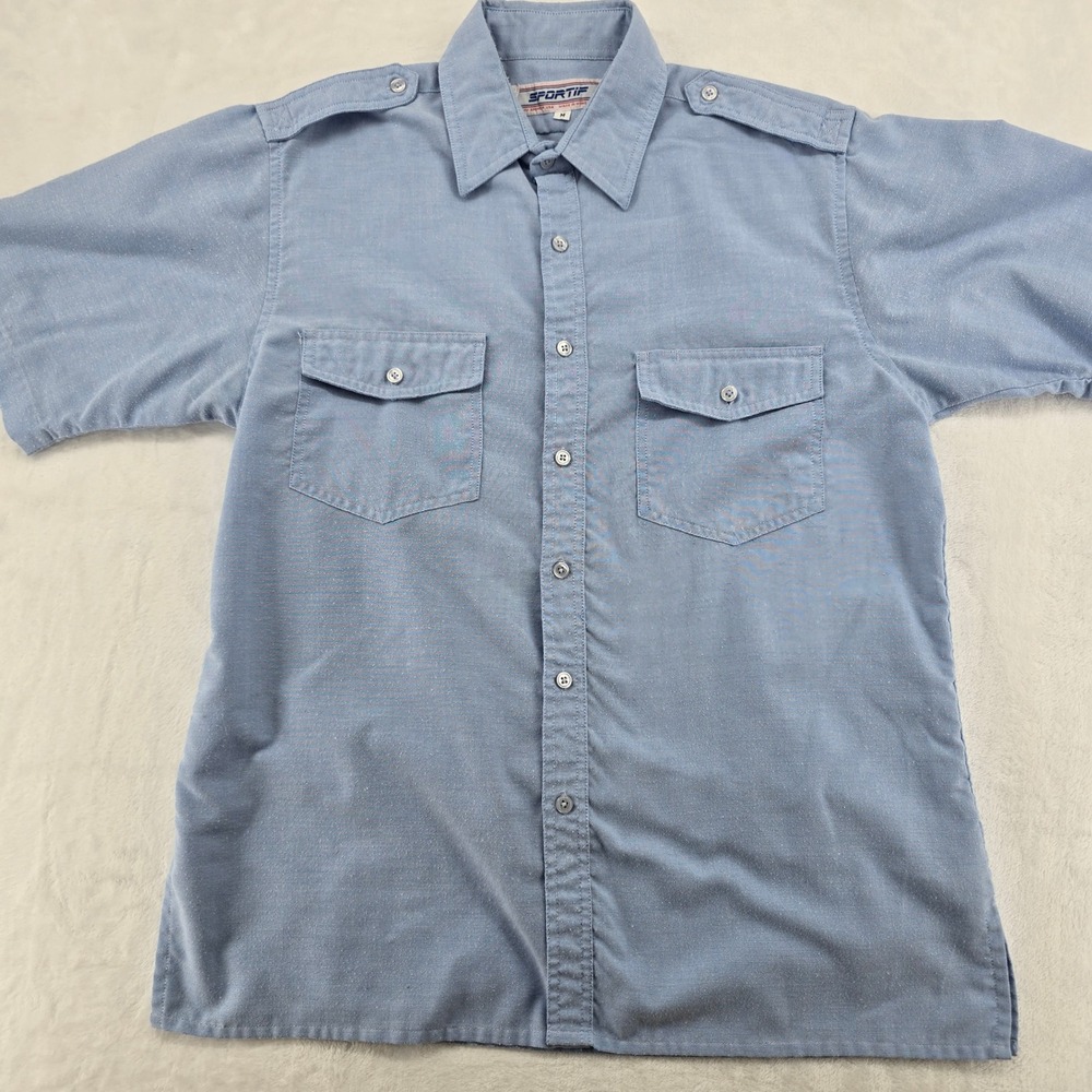 Sportif USA Button Up Mens‎ M Shirt Blue Short Sleeve Safari Epaulets
